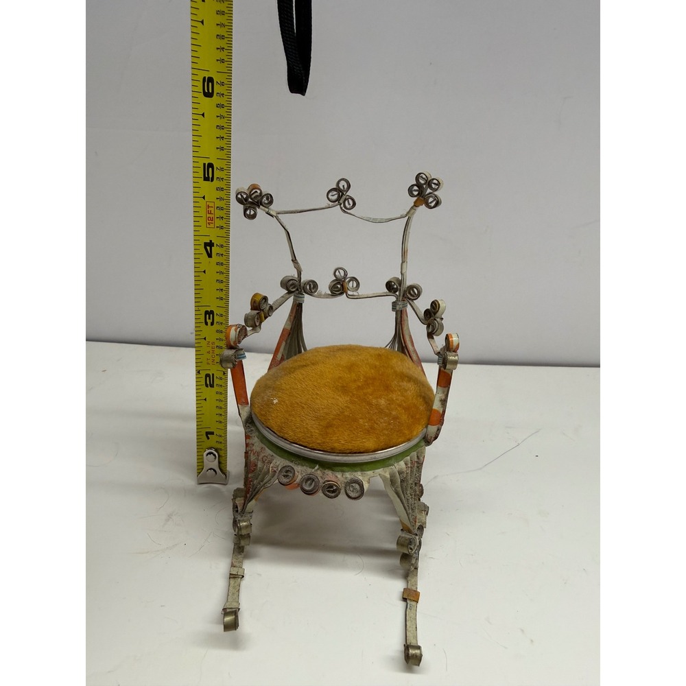 Vintage Folk Art Miniature Rocking Chair Pin Cushion Recycled Soda Can Metal